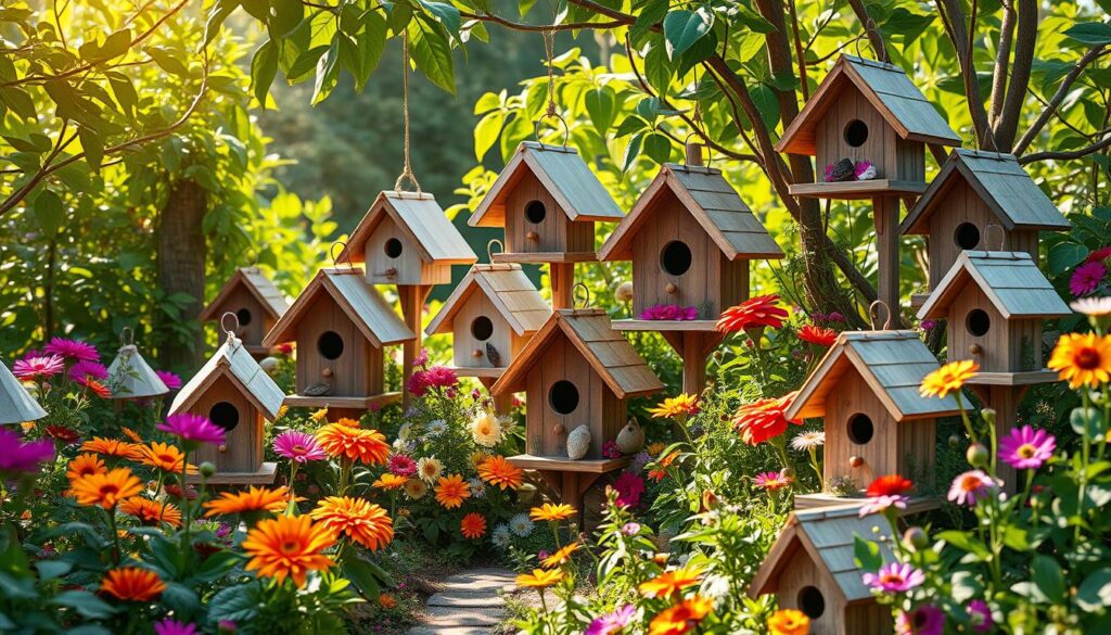 Selbstgebaute Vogelhäuser und Insektenhotels